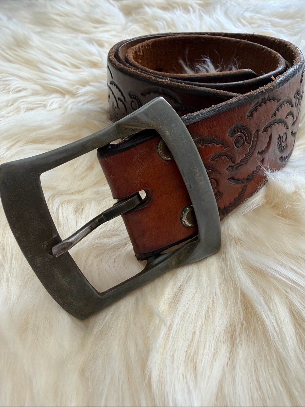 Vintage Hand Tooled Brown Embossed Leather Belt - Classic Western Style